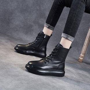 圆头百搭潮ins软皮平跟厚底短靴 真皮马丁靴女英伦风2025秋冬新款