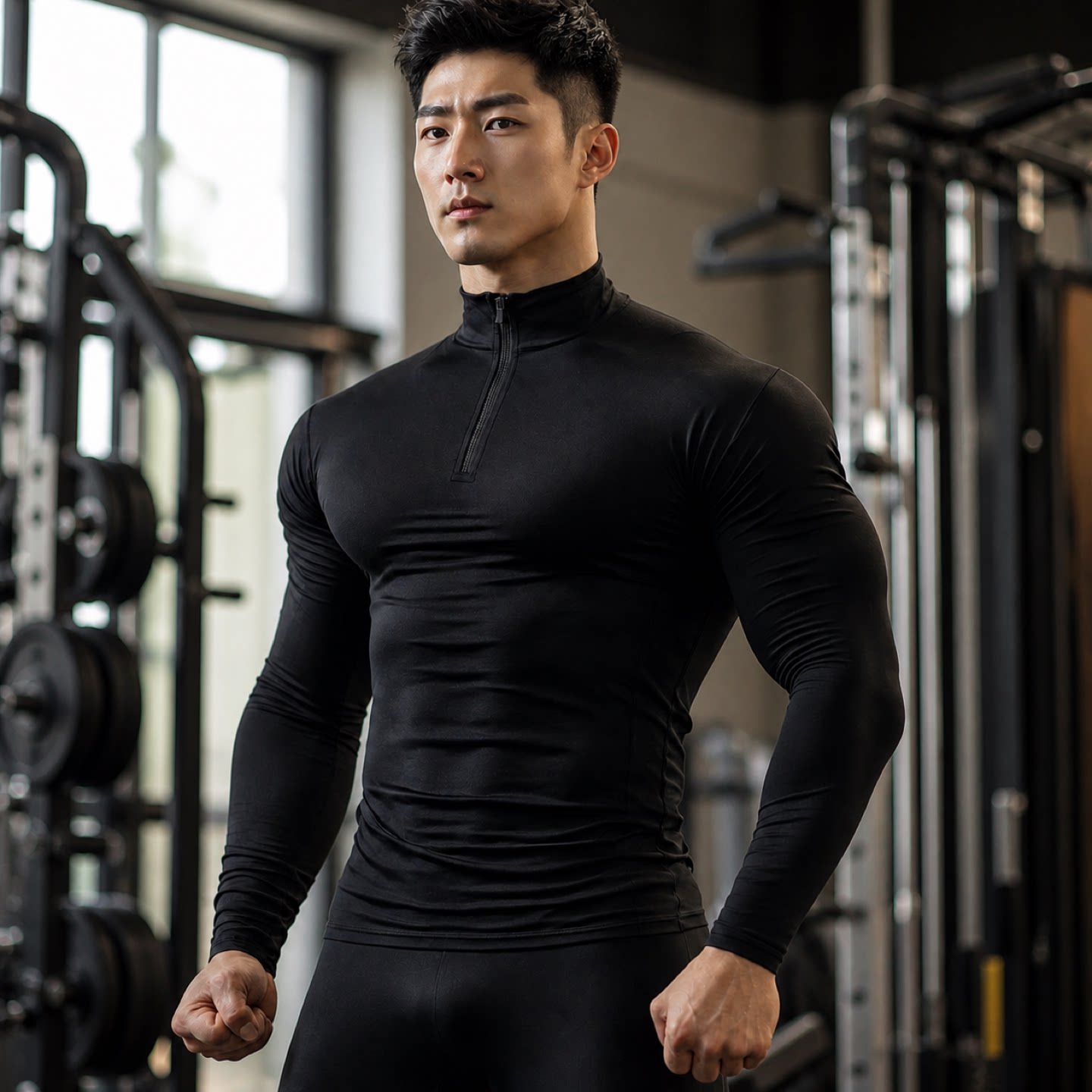 春季长袖私人教练工作服男半拉链立领健身紧身衣游泳速干定制logo