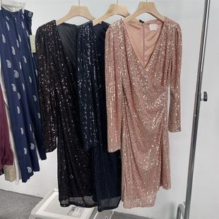 时尚 亮片V领收褶腰修身 性感连衣裙 春秋季 外贸欧美捡漏DAN