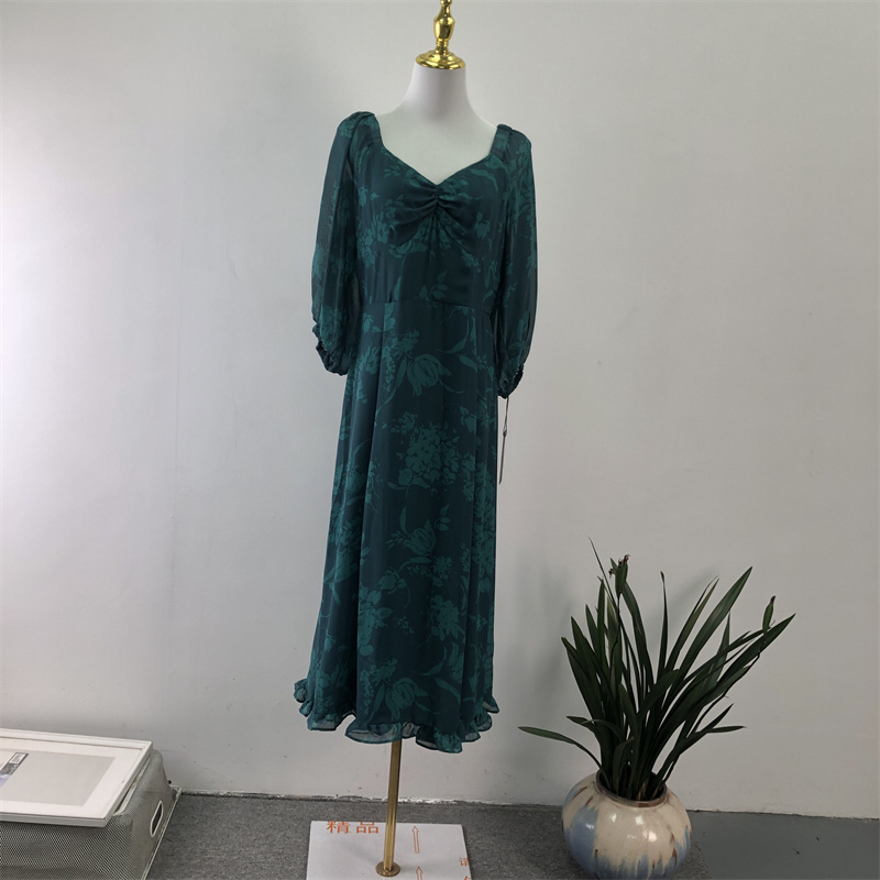 外贸欧美复古风印花泡泡袖连衣裙