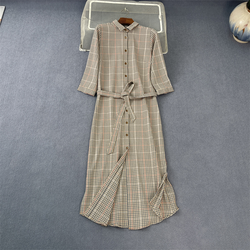 彩条格子纹修身衬衫版大码连衣裙