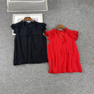 夏季 雪纺衬衫 提绣格子纹荷叶短袖 大码 上衣 系带V领 外贸欧美DAN