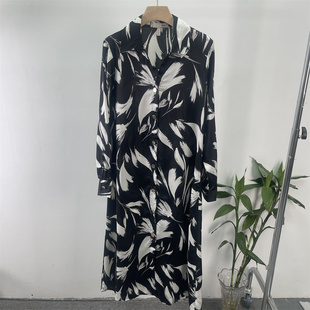 DAN 单排金属扣衬衫 光滑缎面黑白纹 大码 连衣裙 长袖 外贸欧美捡漏