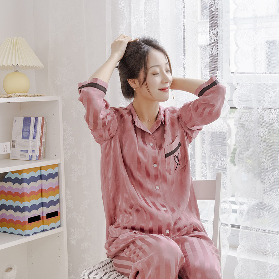 JR春季新品宽松欧范爱心刺绣人丝家居服套装女衬衫领撞色可外穿