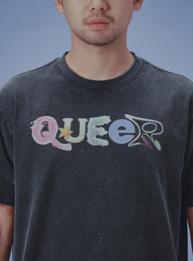 Milkshot Queer 数码印花炒盐工艺做旧T恤男夏季T恤黑色短袖