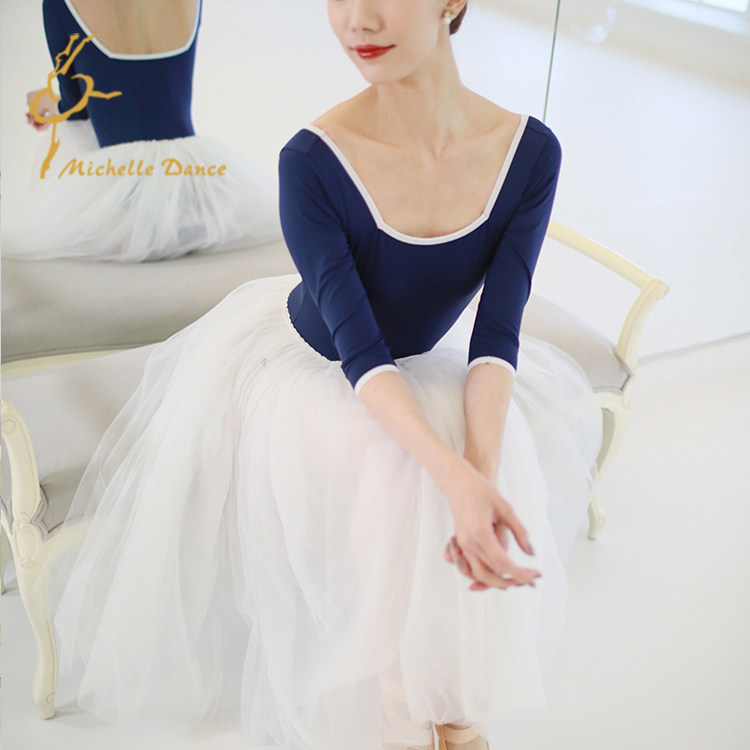 michelledance 新款中袖方领芭蕾公主蓝色芭蕾舞连体服hepburn