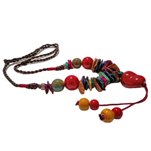 波西米亚民族风长款毛衣项链椰壳彩珠混合材质复古编织绳挂件配饰