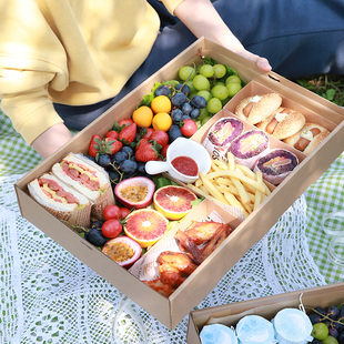 网红春游野餐盒一次性牛皮纸盒轻食下午茶甜品露营户外野餐打包盒