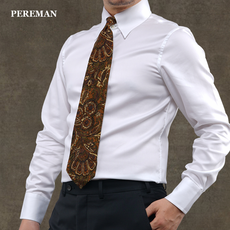 pereman饰耳领白色长袖正装衬衫