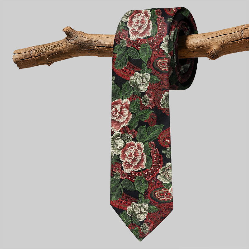玫瑰园 红绿刺绣艺术花纹复古领带商务男正装休闲真蚕丝礼盒