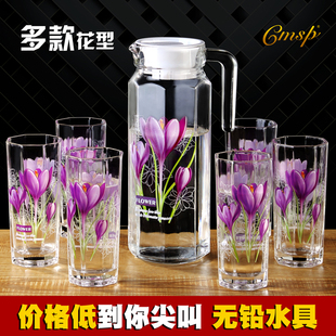 家用印花冷水壶玻璃泡茶壶耐热防爆果汁凉白开分水杯扎壶水具套装
