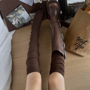 棕色小腿过膝袜女配靴子袜子美拉德长筒靴堆堆袜夏季薄款春秋长袜