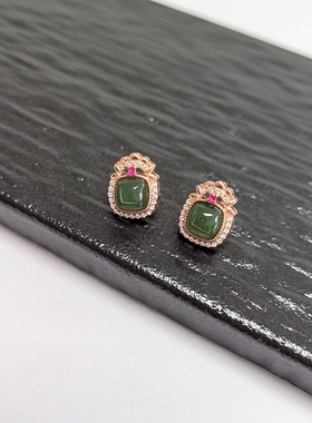 C47# 通体S925纯银镀玫瑰金精工镶嵌和田玉碧玉耳钉12.5*10*5.5mm
