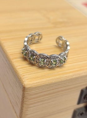 G180# 通体S925纯银镀白金精工镶嵌绿石榴石戒指 主石3*3mm配证书