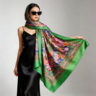中国绿凸显肤质白皙真丝大方巾 100silk 丝滑缎面 超大款