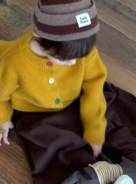 彩色纽扣毛衣外套长袖圆领针织衫纯色女童男童灰色韩版秋冬百搭