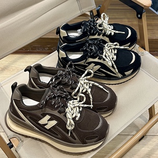 米诗思厚底潮鞋真皮德训鞋女2025新款透气百搭休闲运动阿甘鞋女鞋