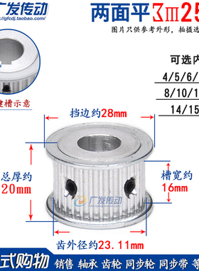 3M25齿 两面平 同步皮带轮 槽宽16 AF型同步轮 内孔4-15mm
