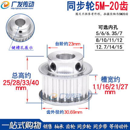 同步轮5M20齿T槽宽11/16/21/27BF型凸台阶同步皮带轮精加工孔5-15