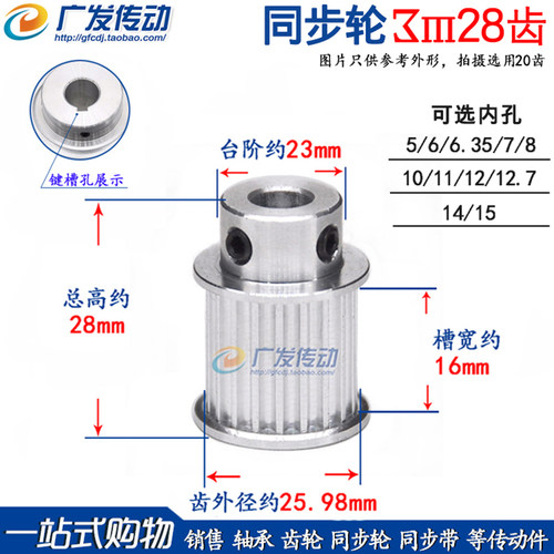 3M28齿同步皮带轮凸台