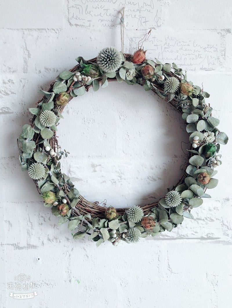 美式乡村风格家居壁饰进口刺球蓝星球尤加利干花花环门楣花壁花