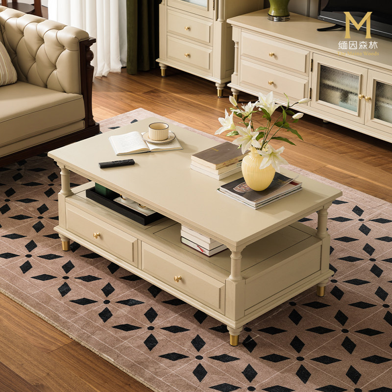 暖月白茶几 法式实木奶油白茶几客厅轻奢白蜡木全实木家具