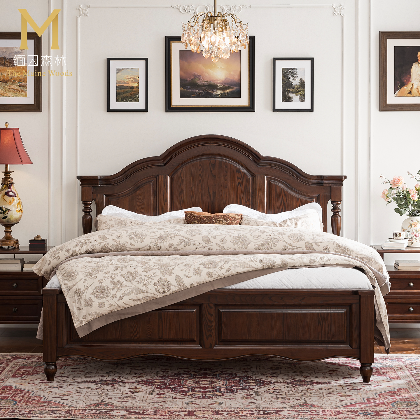 复古美式纯实木床双人床1.8米大床卧室家具黑胡桃色简约