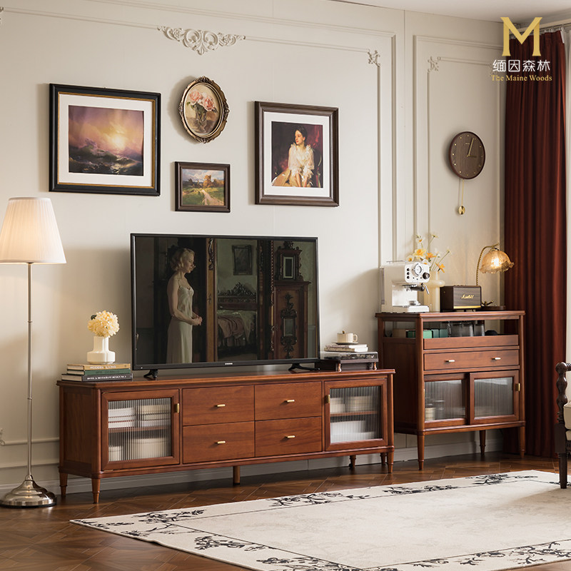 复古电视柜中古焦糖色轻奢小户型实木法式玻璃客厅原木高级卧室