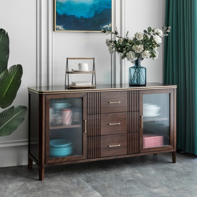 全原木餐边柜 靠墙茶水柜客厅餐边柜美式轻奢新中式置物柜实木