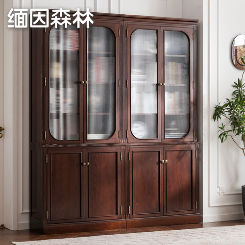 美式全实木复古书柜白蜡木展示柜