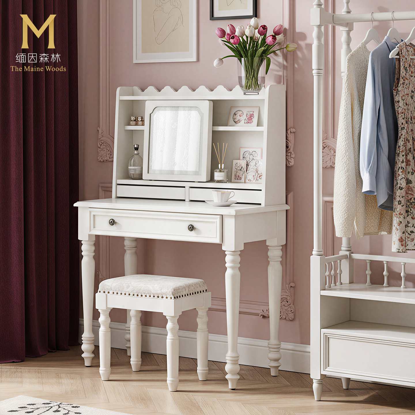 白色实木梳妆台政府补贴复古风格化妆桌纯实木卧室实木家具水性漆