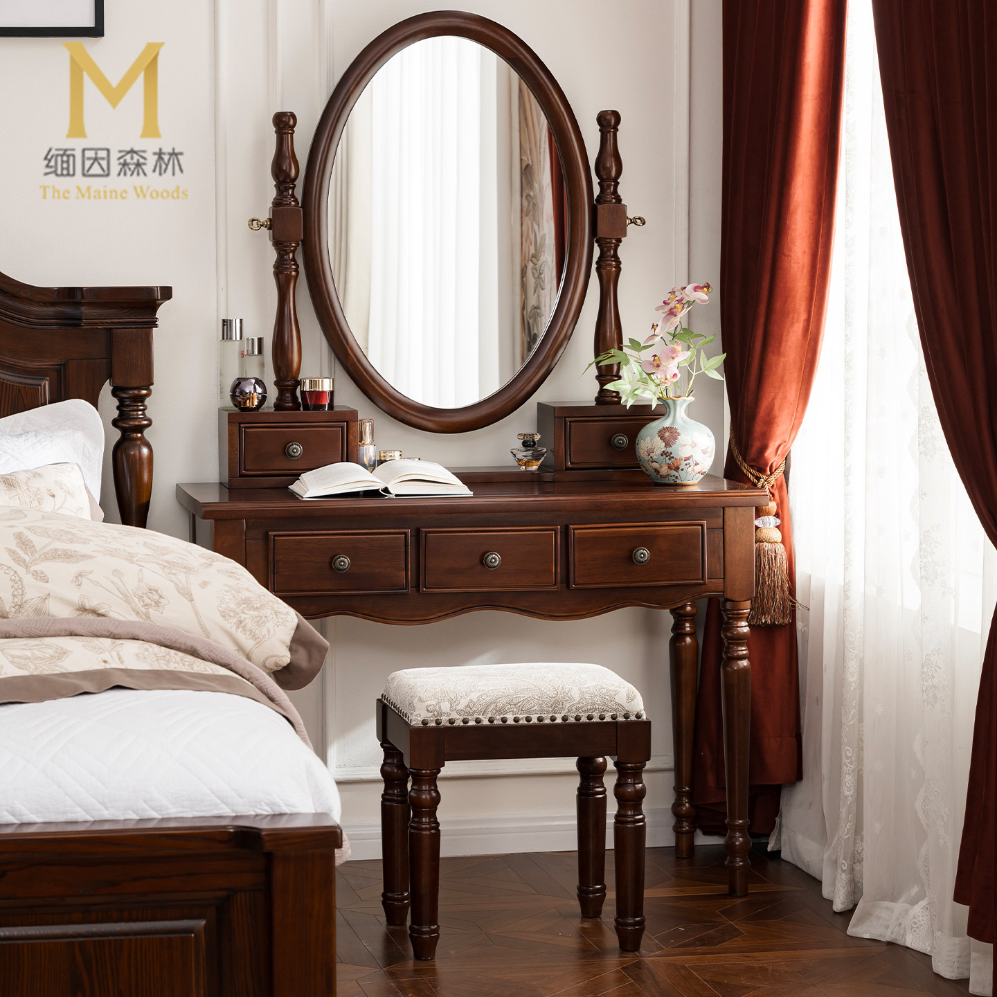 复古风梳妆台纯实木法式化妆桌黑胡桃色水性漆环保卧室梳妆镜,住宅家具,梳妆台/桌,淘宝优惠券,粉丝福利购,淘宝优惠卷