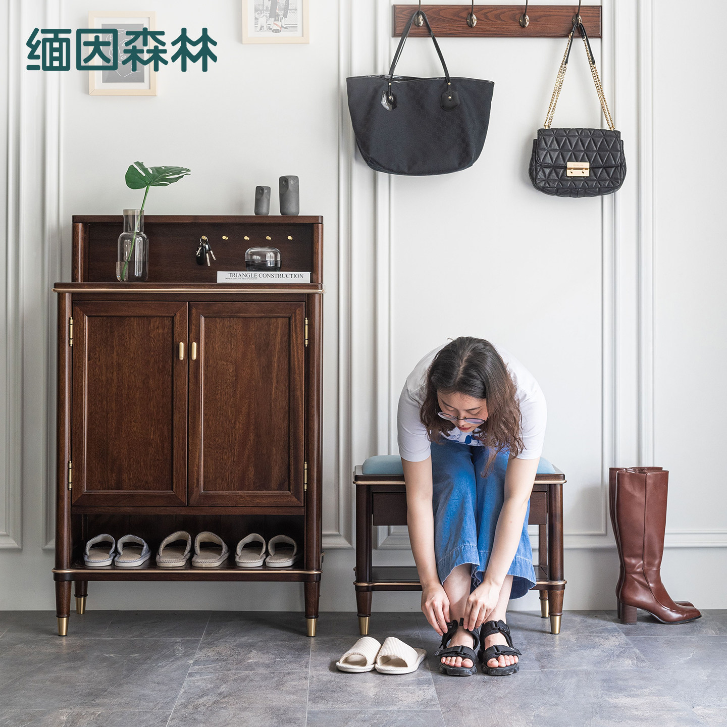 钢琴师鞋柜 全实木美式轻奢玄关柜新中式家用门厅隔断整装对开门