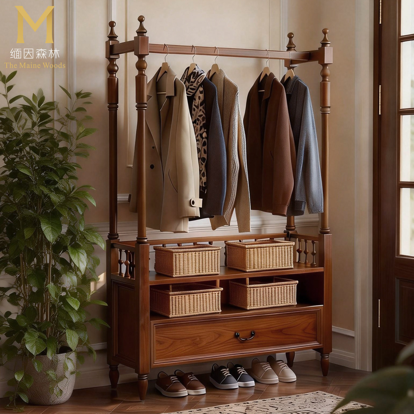 复古挂衣架收纳架卧室纯实木衣帽架中古风政府补贴客厅挂衣杆