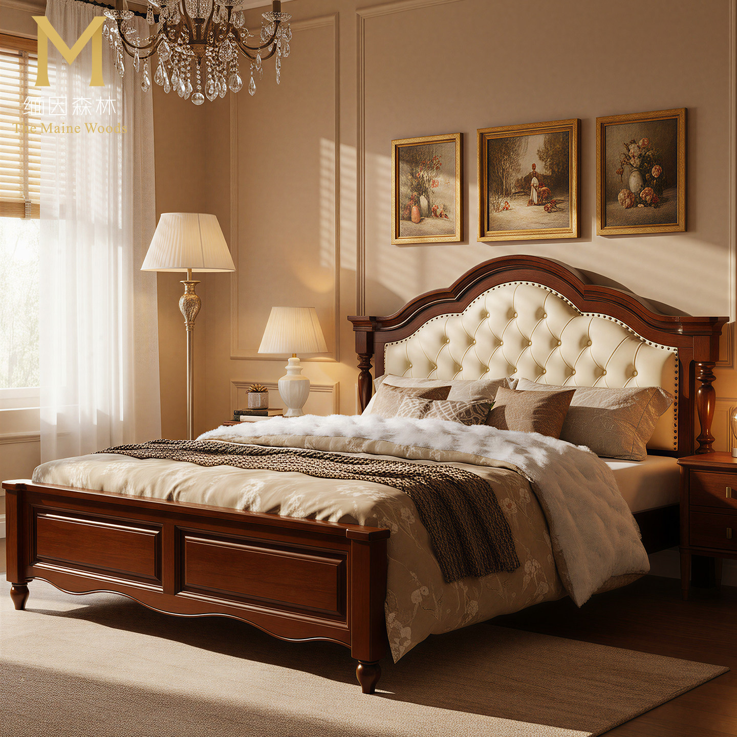诺丁皮床 法式复古皮床中古色美式实木床欧式真皮大气政府补贴
