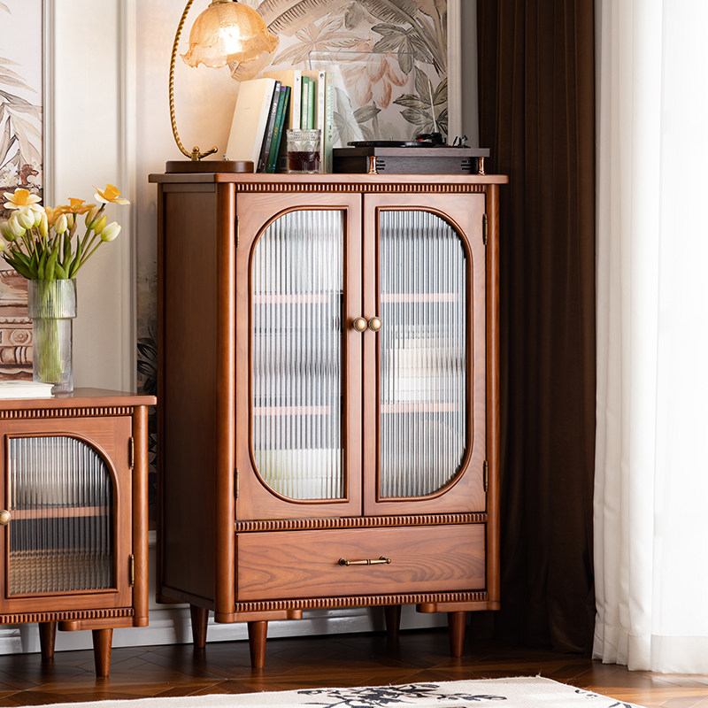 实木边柜法式复古餐边柜客厅全实木置物柜靠墙中古收纳柜展示柜