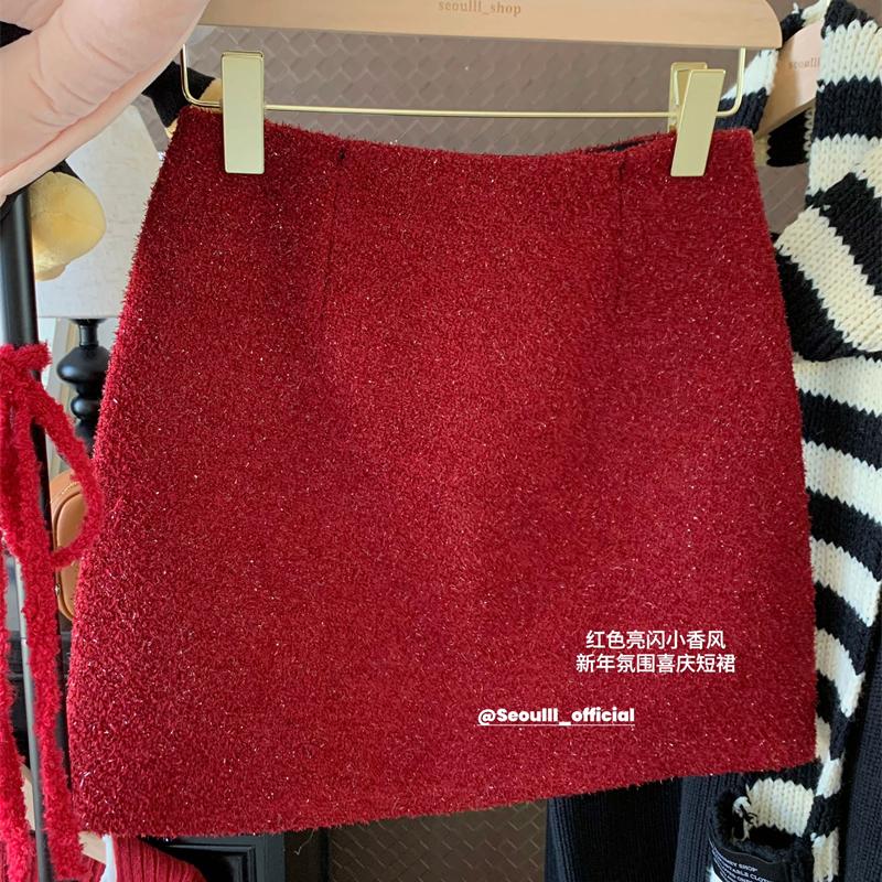 短裙高腰韩版a字裙红色亮闪新年