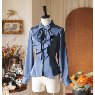 衬衣 森林衣橱原创复古口水巾优雅收腰缎面百搭长袖 森林晨露