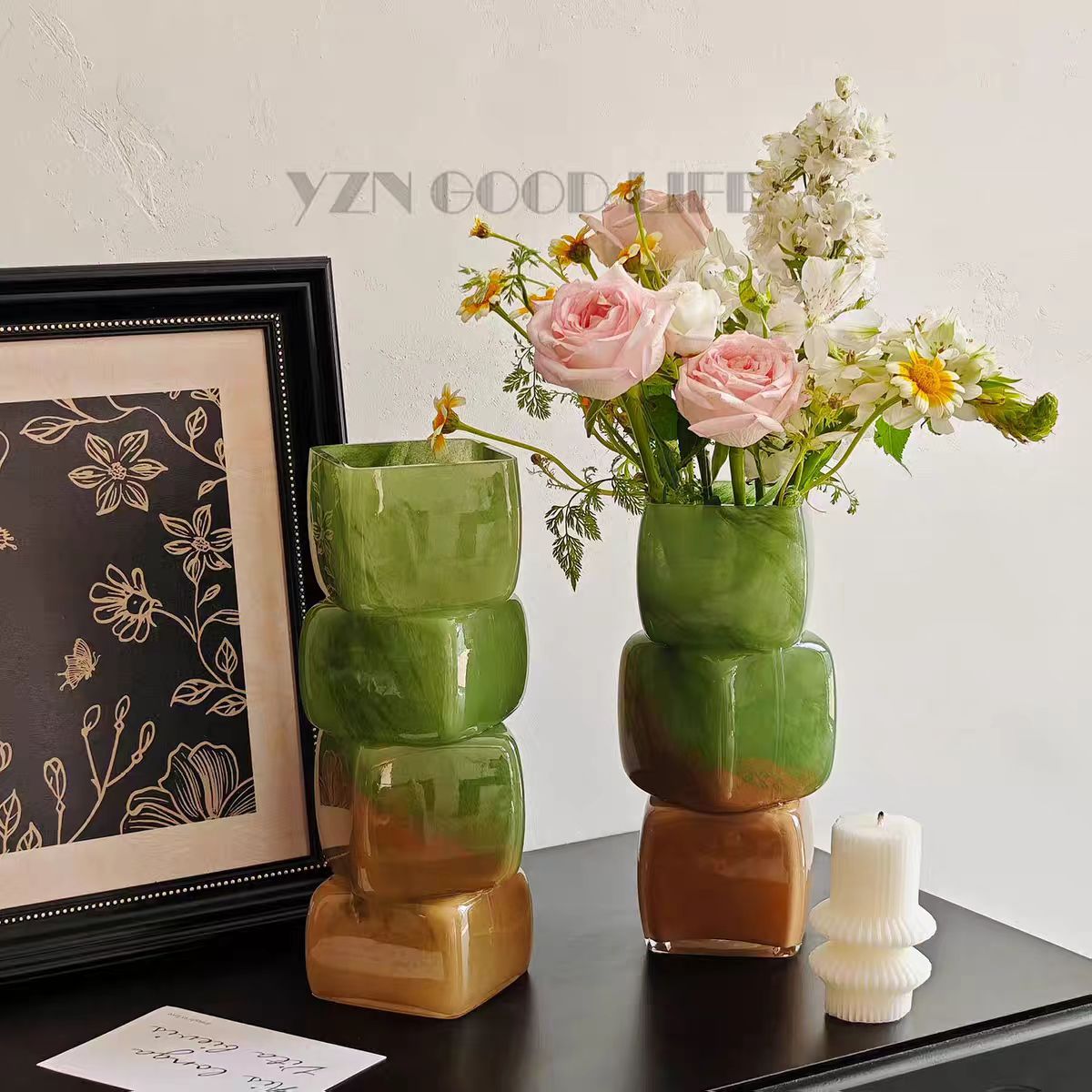 中古风渐变彩色几何方块花瓶餐桌软装酒店电视柜台面装饰玻璃摆件