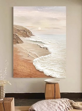 手绘油画沙发背景墙客厅装饰画玄关油画厚肌理海上日出竖版挂画