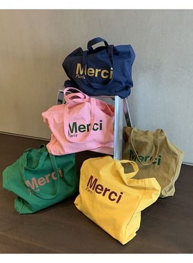 你的可爱柒春夏清爽糖果色merci印花大容量厚单肩实用帆布包2024