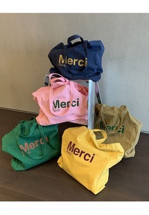 你的可爱柒春夏清爽糖果色merci印花大容量厚单肩实用帆布包2024