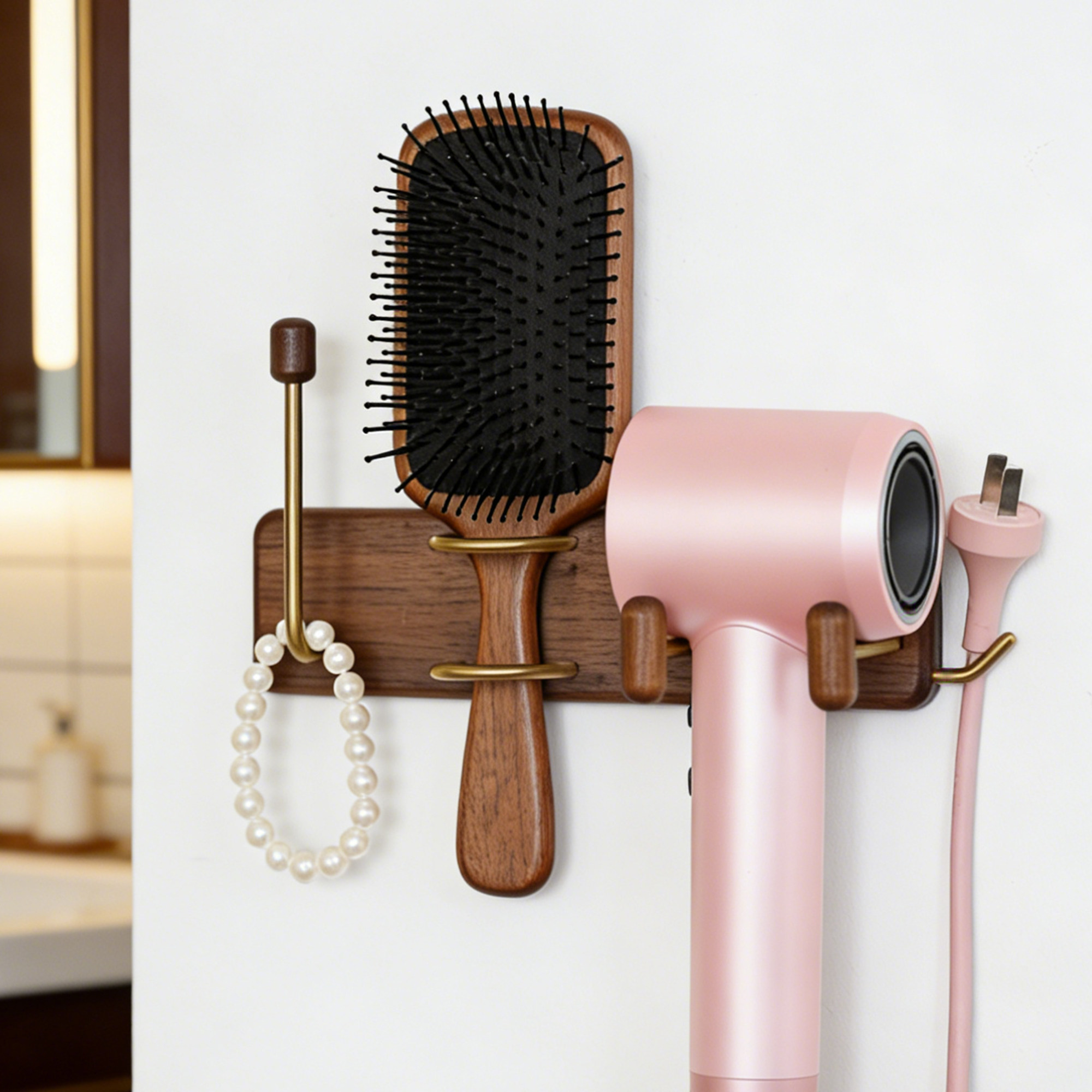 实木发圈梳子置物架免打孔头绳发箍收纳神器卫生间电吹风机支架