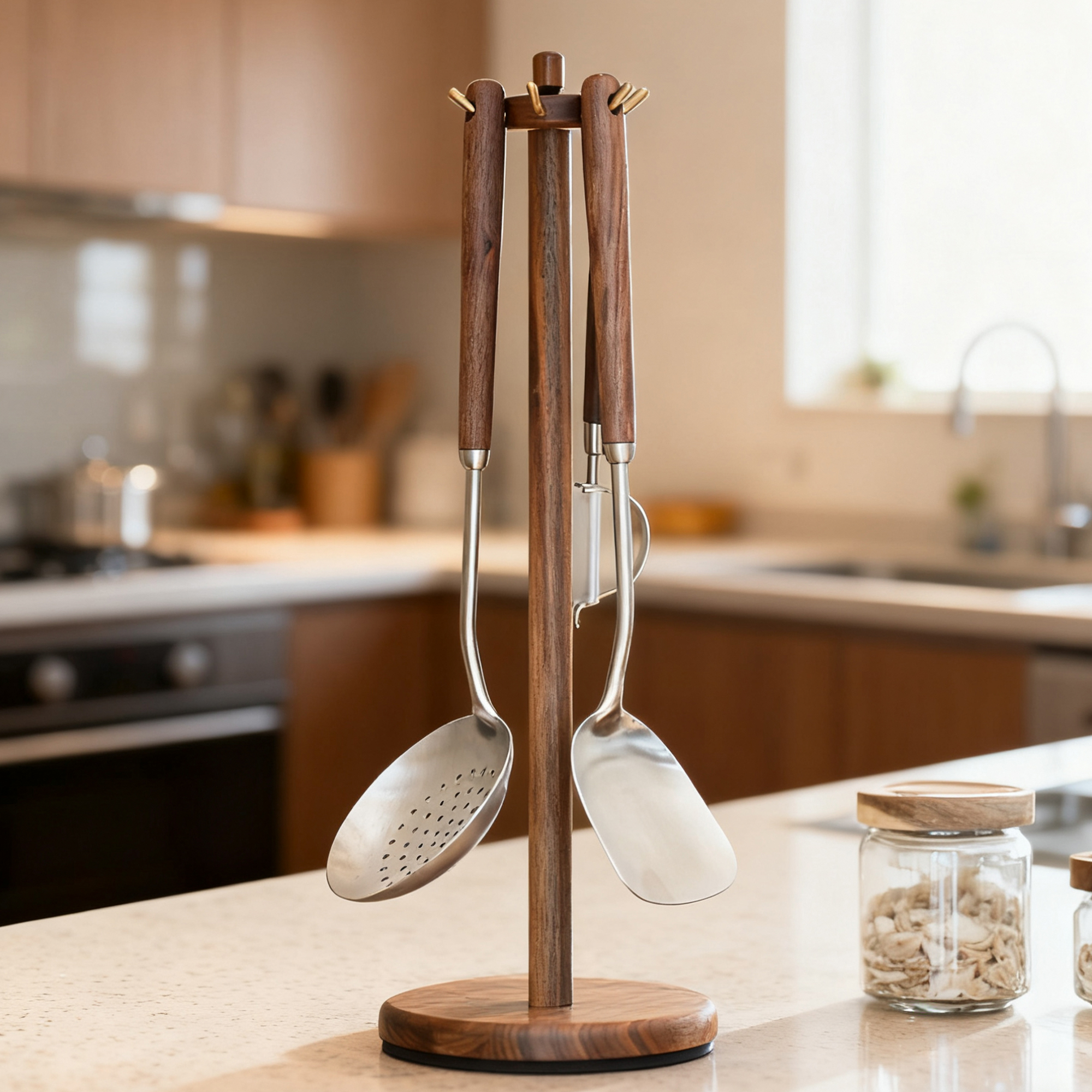 素风实木厨房台面旋转挂钩锅铲架