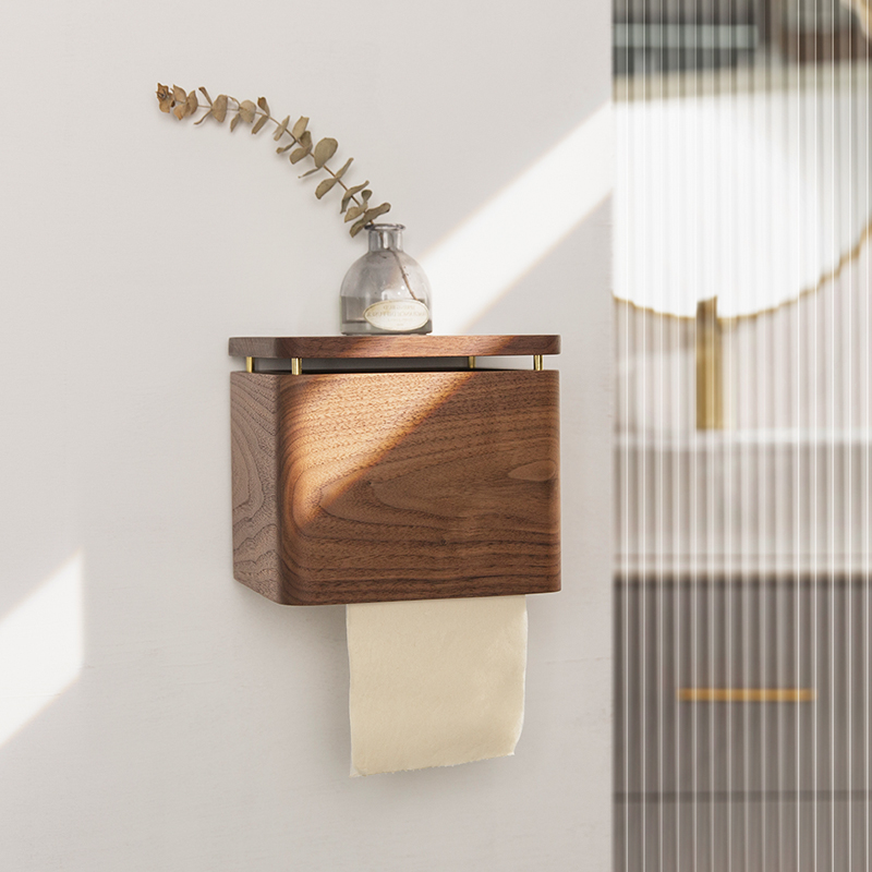 卫生间纸巾壁挂免打孔卷盒实木