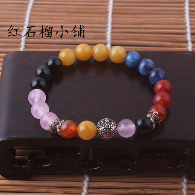 天然影子石红蚕石橘子石樱花石手链 紫冰银镶嵌蓝绒晶饰品