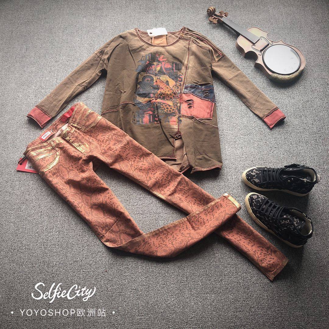 欧洲站2019春夏新款复古烫金暗纹弹力薄棉牛仔裤女装长裤特