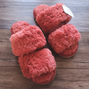 日本原单毛绒拖鞋 兔绒双带露趾家居地板静音防滑秋冬拖 气质女生款