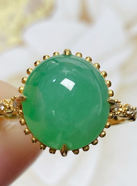 9553号天然缅甸翡翠a货18k黄金蕾丝款糯冰种甜阳绿戒指11号可改