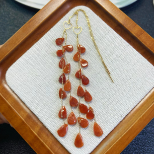 7864号18k黄金天然缅甸翡翠a货糯冰无烧红翡加长耳线一图一物